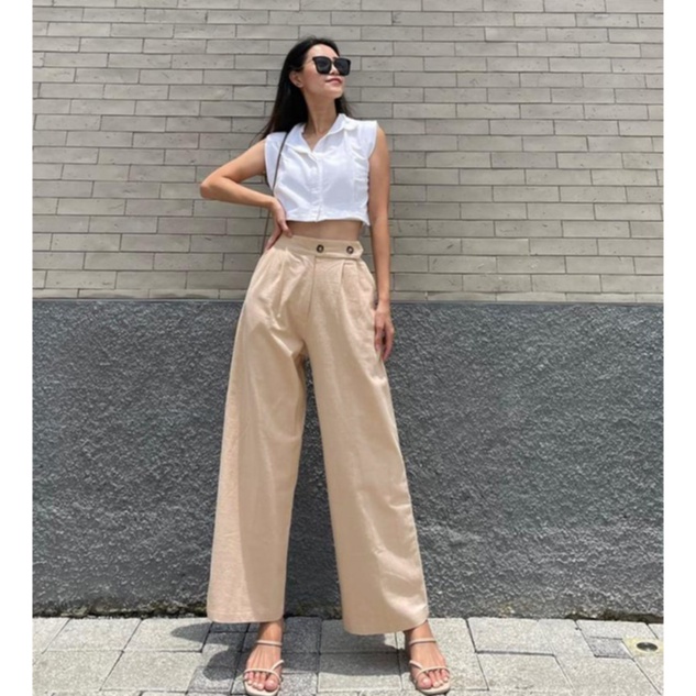 HOPYLOVY Celana Kulot Wanita Katun Linen Double Button Jemima / Celana Panjang Wanita Polos-2