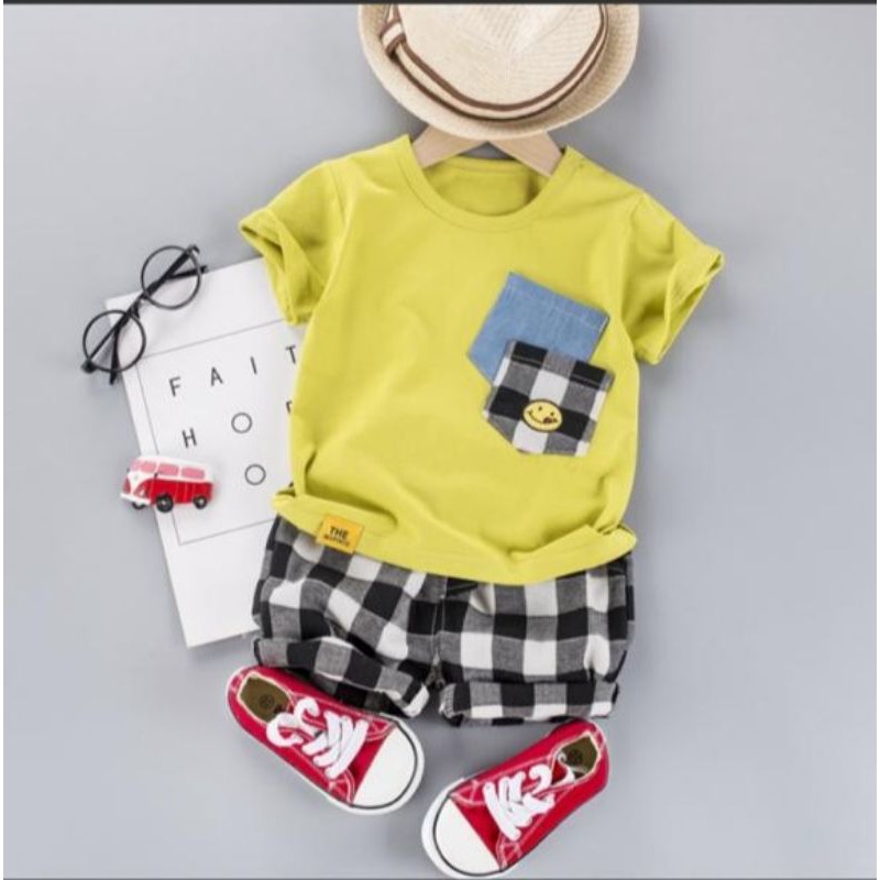 Mamamoli Baju setelan kaos anak laki laki / bayi / baby import/impor lucu poket  smile mm25