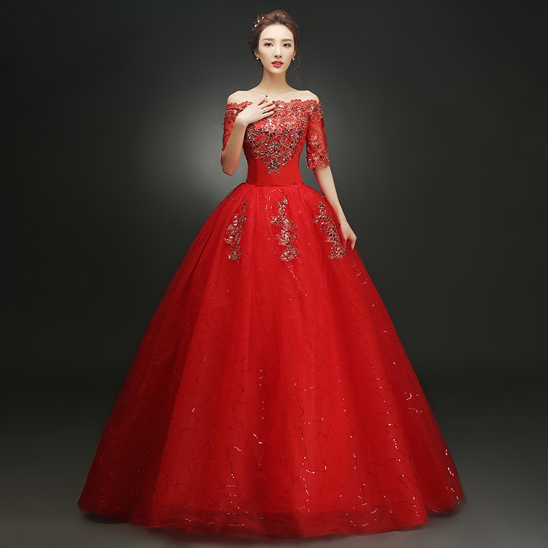 Merah Off Shoulder Renda wanita gaun pengantin Maxi Ball gaun pesta pernikahan