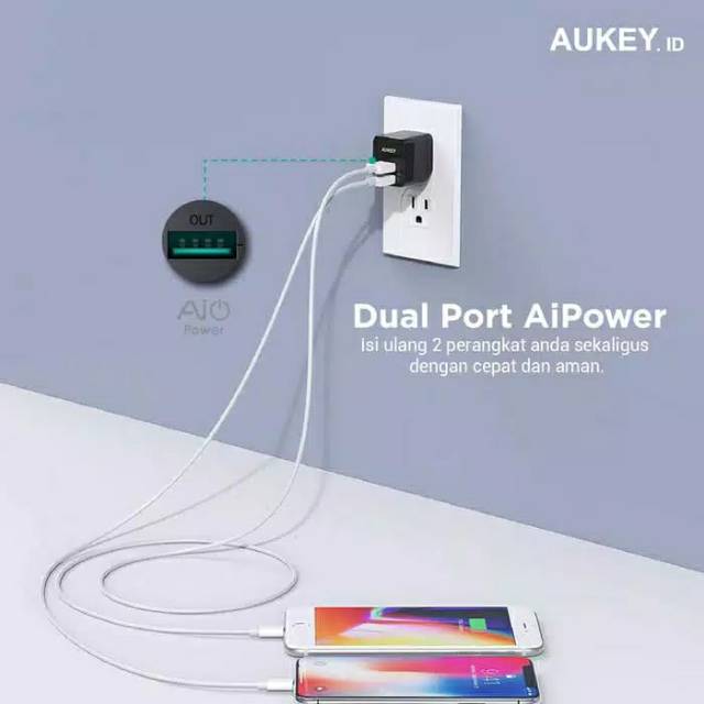 Aukey PA-U32 Wall Charger 2 Port 12W with AiQ Original Garansi Resmi