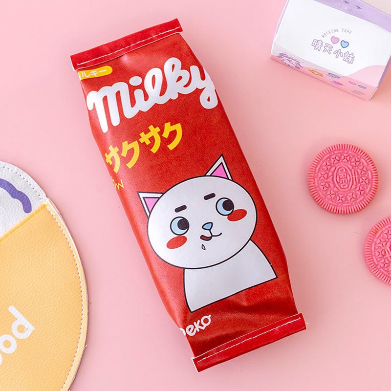 MURMURE.ID | TEMPAT PENSIL UNIK MILK COOKIES KOTAK PENSIL BUNGKUS JAJAN CIKI SNACK PC039-KUCING MERAH