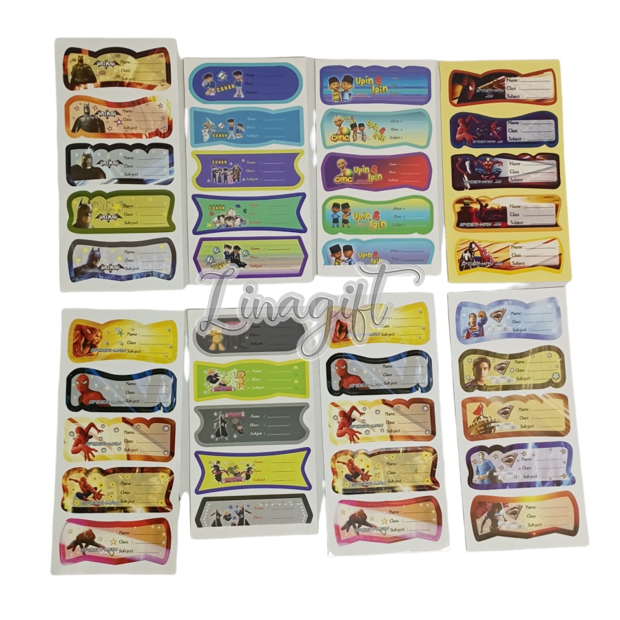 ( Pak 5 Lembar ) LABEL STIKER NAMA - OBRAL NAME STICKER UNTUK BUKU TULIS / PELAJARAN / PRINCESS AVENGERS SUPERHEROES SPIDERMAN BATMAN RAPUNZEL AURORA CINDERELLA MICKEY MINNIE MOUSE SNOW WHITE MARIE THE CAT UPIN IPIN SUPERMAN / LABEL UNDANGAN PERNIKAHAN