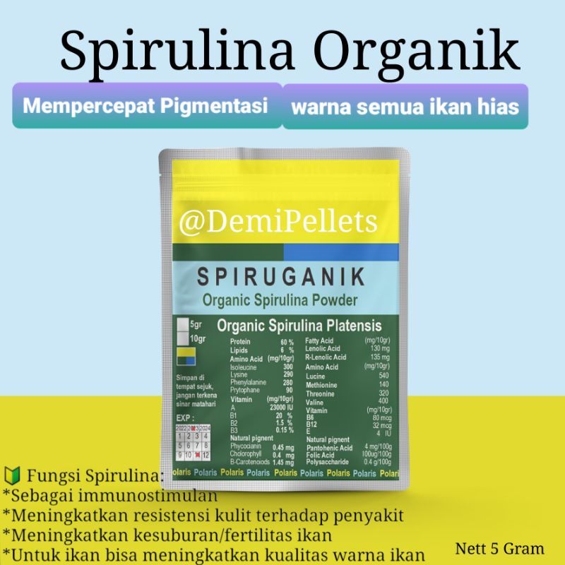 SPIRUGANIK / Spirulina Organik Food grade Mempercepat pigmentasi warna Campuran Pakan ikan hias 5 gram