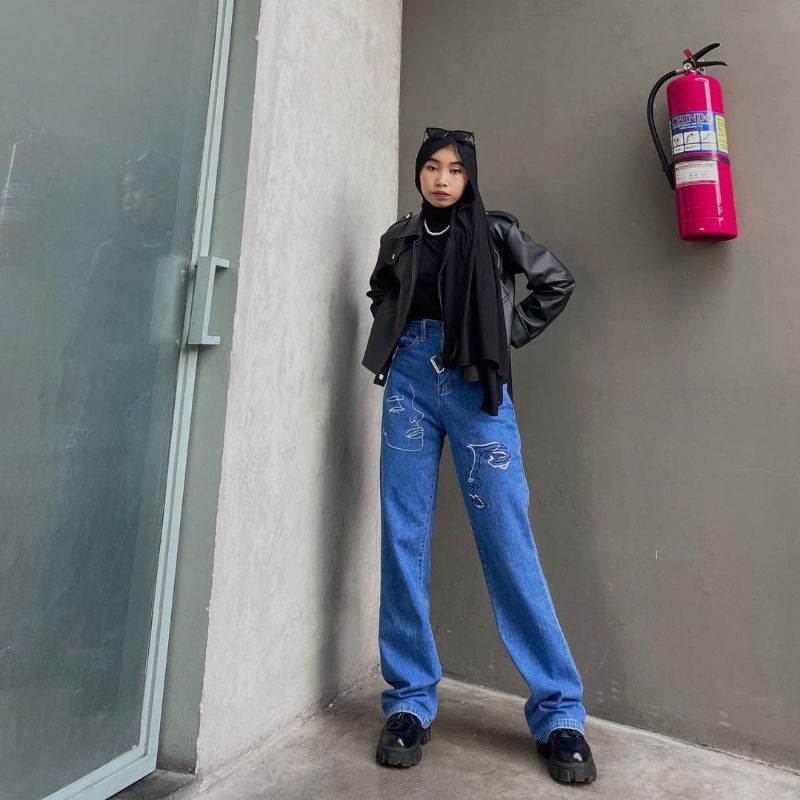 (27-30) FACE BORDIR HW LOOSE JEANS / MUKA BORDIR HW LOOSE JEANS / CELANA HIGHWAIST LOOSE JEANS WANITA CEWEK