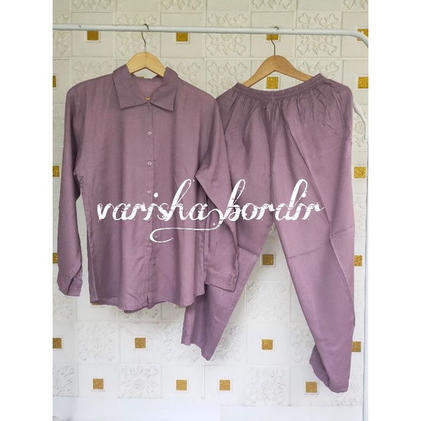 KARINA One Set Kerah Piyama Wanita Kekinian TPKM Rayon polos Pajamas Tangan Panjang Lengan Kancing