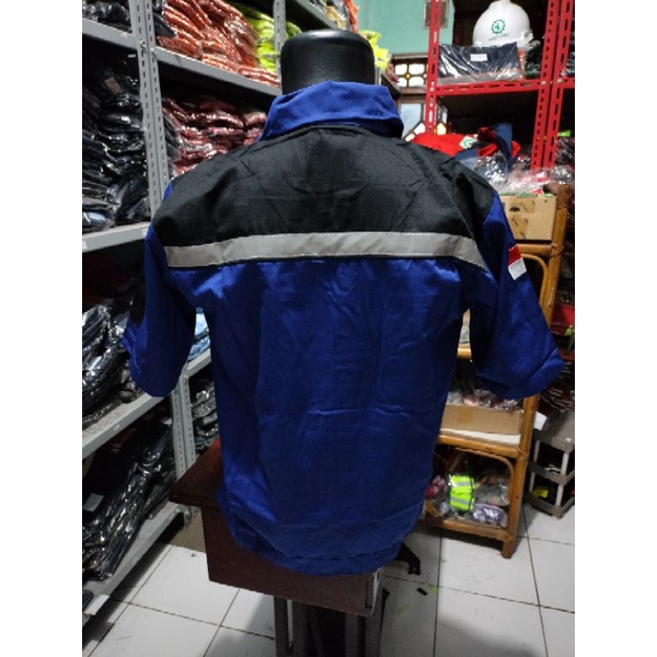 SERAGAM LENGAN PENDEK SAFETY BIRU HITAM BERLOGO