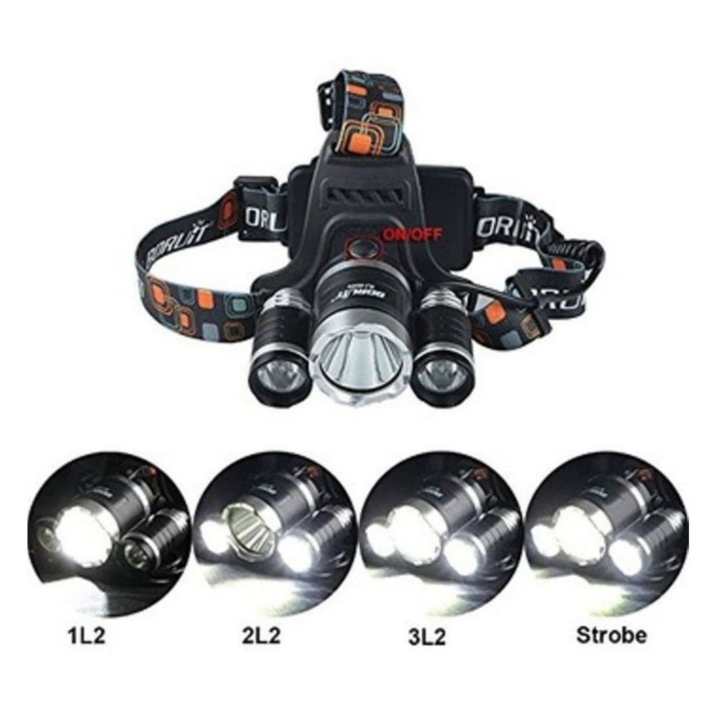 Headlamp 3 Light Lampu Senter Kepala 5.000 Lumens USB Charge 111107