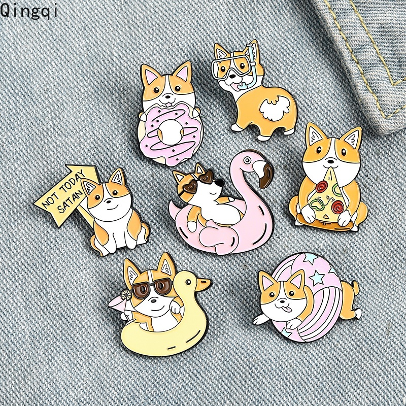 Bros Pin Enamel Bentuk Kartun Anjing Corgi Pizza Donat Untuk Hadiah