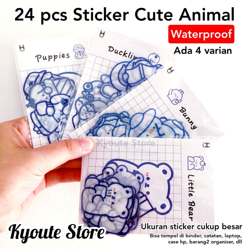 

24 pcs Sticker Deco PVC Waterproof Clear Cute White Animal Bear Bunny Puppy Duck Stiker Hewan Lucu Journal Scrapbook Tumblr HP Diary Seal