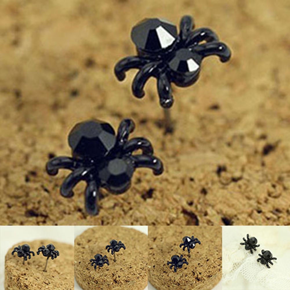 Anting Stud Desain Hewan Laba-Laba Mini 3D Warna Hitam Untuk Wanita