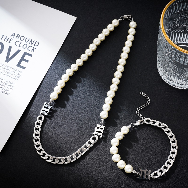 Kalung Titanium Steel Mutiara Korea Perak Choker Unisex