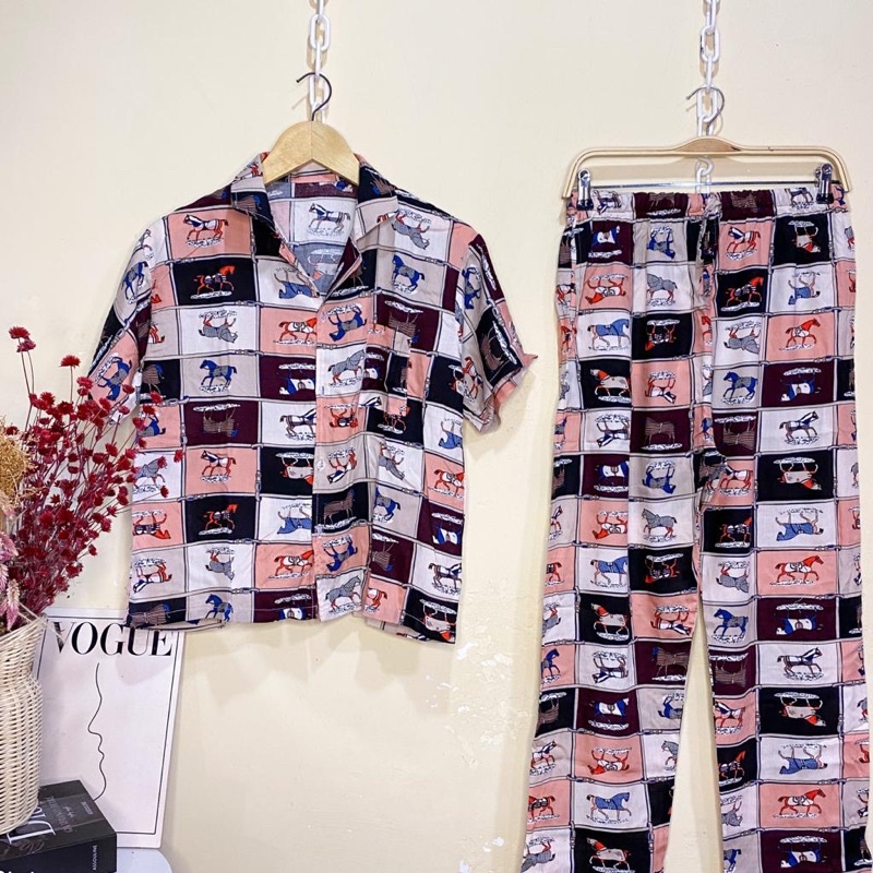 SETELAN LENGAN PENDEK PIYAMA BAJU TIDUR WANITA CEWEK BUSUI ONE SET RAYON MOTIF-KCPJ Horse