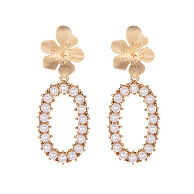 LRC Anting Tusuk Fashion Gold Alloy Pearl Flower Round Earrings F33292