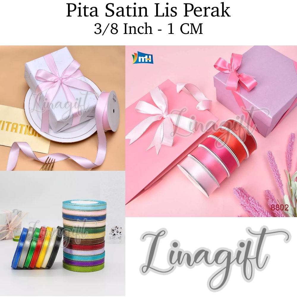 ( Rol 20 Yard ) PITA SATIN LIST PERAK 3/8INCH / PITA KADO 10MM / SATEEN SILK RIBBON SILVER EDGE 1CM