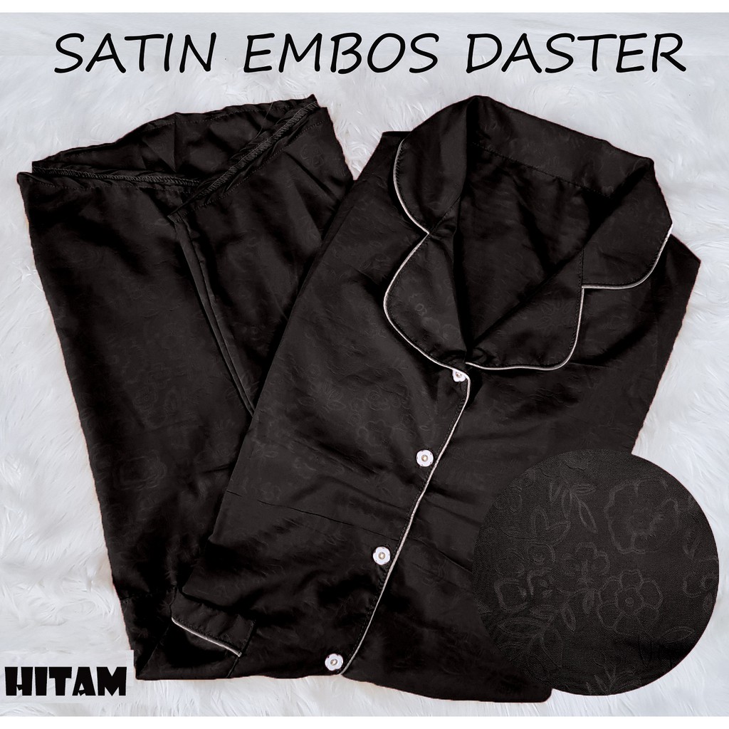Fortglass DST Saten Sleepwear Baju Tidur Daster Wanita Dewasa Lengan Pendek Satin Embos-HITAM