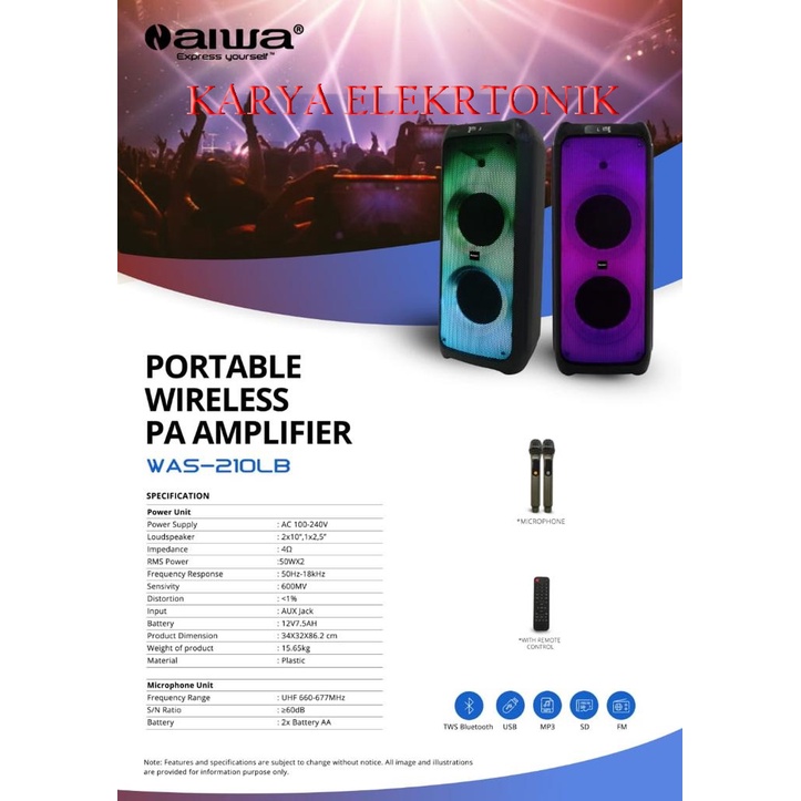 SPEAKER PORTABLE WERELESS  AIWA WAS 210LB 2X10 INCH DOUBLE WOOFER SUPER BASS NEW WAS 210LB