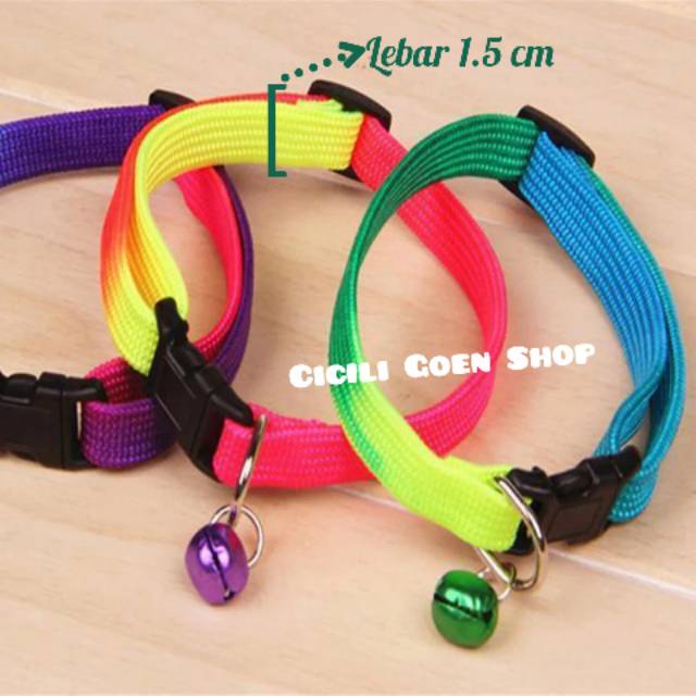 Kalung rainbow 1.5 cm besar warna sembur lonceng aksesoris collar kucing anjing kelinci murah cantik