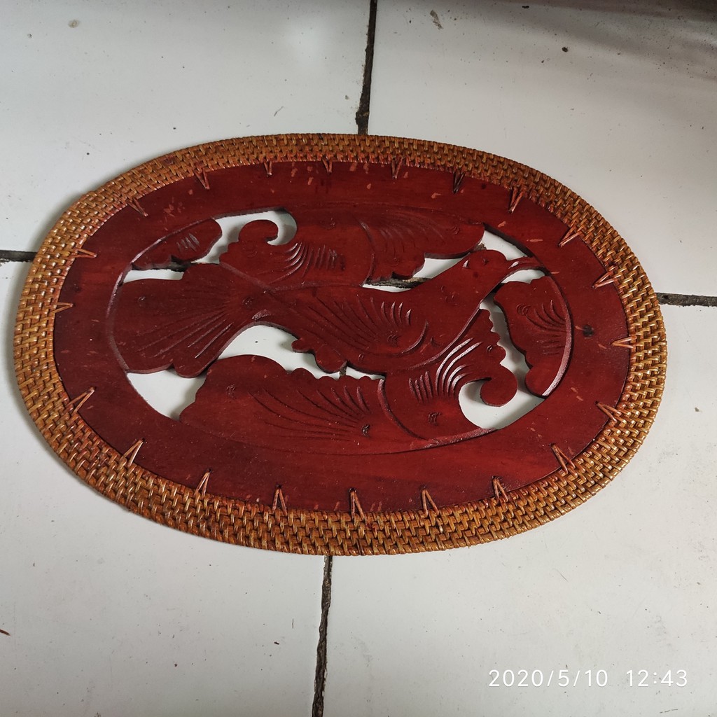 placemat rotan/anyaman rotan/tatakan piring rotan/alas makan rotan/oval kayu ukir 25x35cm