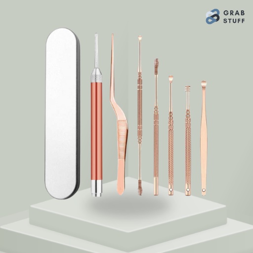 Pembersih Telinga LED Set Lengkap Korek Kuping Ear Spoon 7 PCS / Set Alat Pembersih Telinga Stainless Steel Awet Anti Karat Tahan Lama dengan Lampu LED Korek Telinga Aman untuk Dewasa dan Anak-anak Portable Minimalis Elegan Simpel Barang Unik Lucu