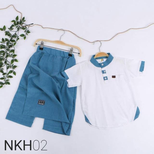NKH 02 Putih Biru| HOOFLA KIDS MUSLIM DISTRO STELAN SARUNG DISTRO BAJU KOKO ANAK COWOK LEBARAN ToscA