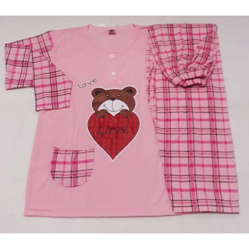 Baju Tidur Dewasa Lengan Panjang CPP XXL Piyama Dewasa murah-PINK KOTAK LOVE