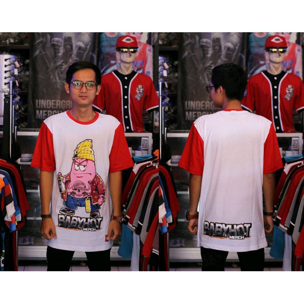 GRATIS ONGKIR COD KAOS DISTRO SIMPLE PUTIH MERAH MOTIF SPONEBOB PATRIK BAJU WARNA PRIA