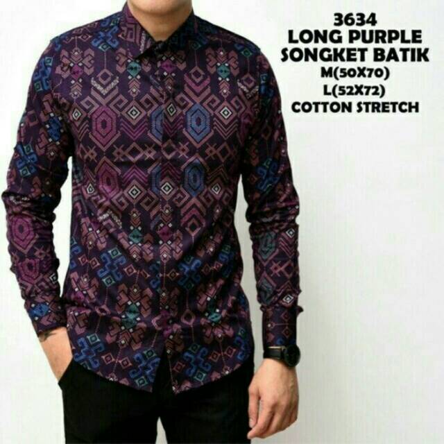 Baju Lengan Panjang Kemeja Hem Batik Songket Ungu Kualitas Premium