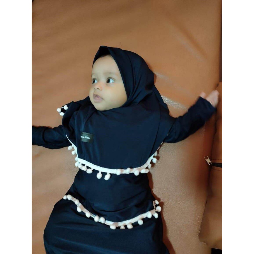 Gamis Hijab Bayi Renda Pom-Pom Pakaian Muslim Anak Balita Perempuan Katun Polos Gemoy 0-17 Bulan