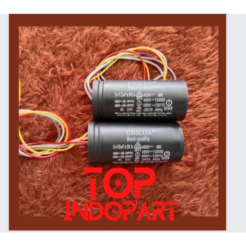 KAPASITOR UNICON 5+10uf & 5+12uf MESIN CUCI 2 TABUNG /( UNTUK MERK MESIN AQUA,SANKEN,SHARP, PANASONI