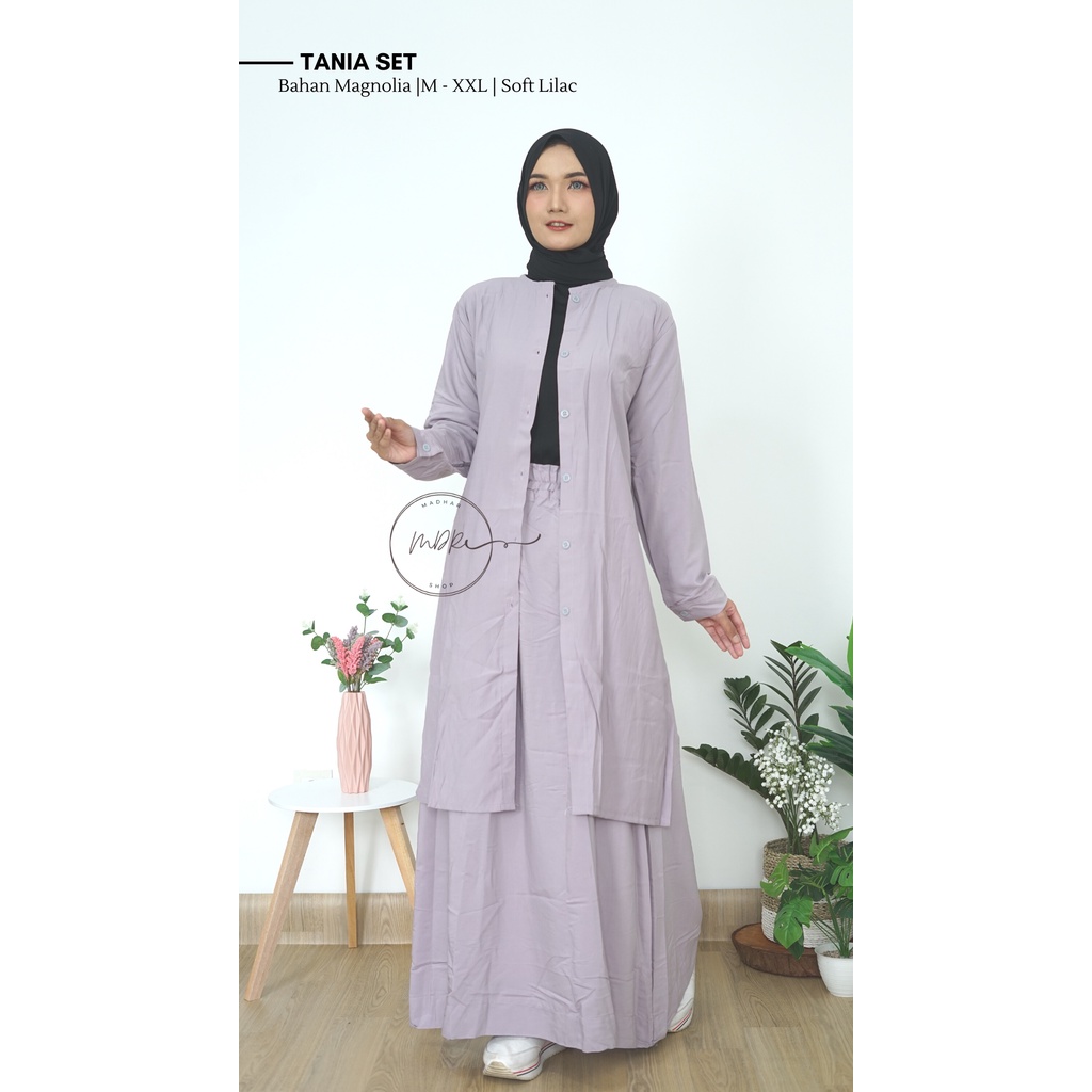 Tania One Set Setelan Rok + Tunik Wanita Remaja Full Kancing Depan Busui Jumbo LD 90 - 120 Bahan Katun Magnolia Premium Size M L XL XXL /Stelan Tunik Panjang Polos Kekinian terbaru 2021