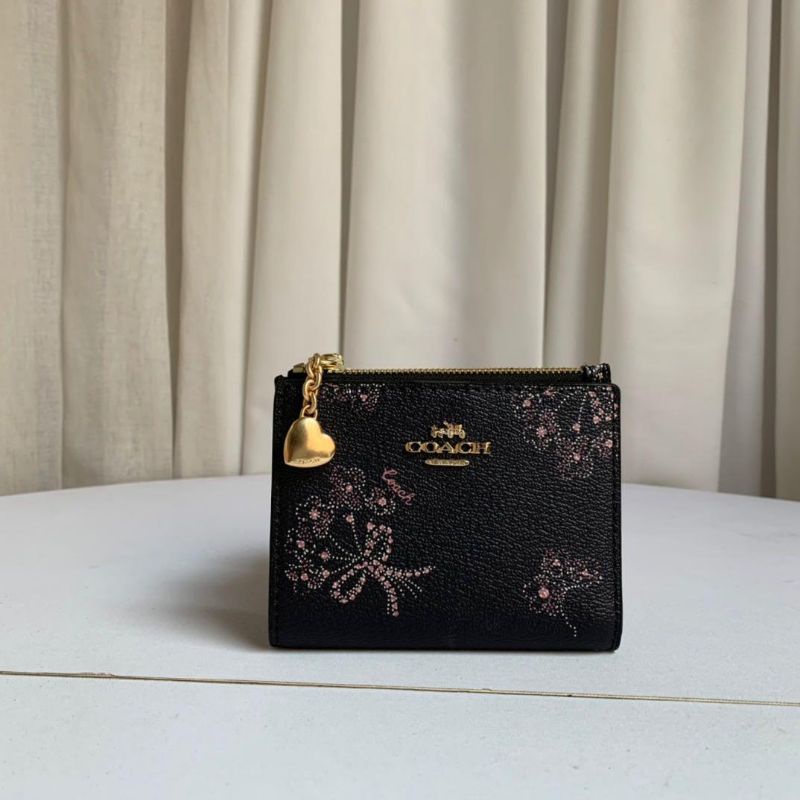 Coach Small Wallet In Signature Canvas Black Flower  (C76880)
