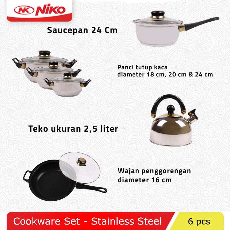 Cookware Set Stainless isi 6 pcs NIKO NK 1113SP panci set teko teflon wajan