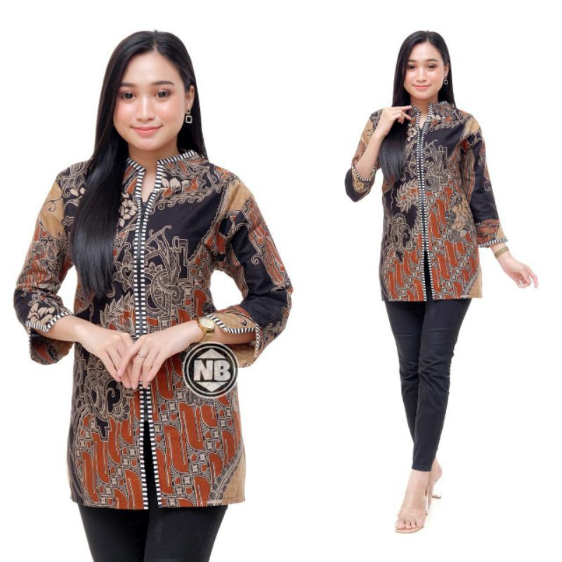M-L-XL-XXL Batik wanita ASJ SA HRB026 Kenongo Kemeja Tosca Pendek-ziper Cap coklat