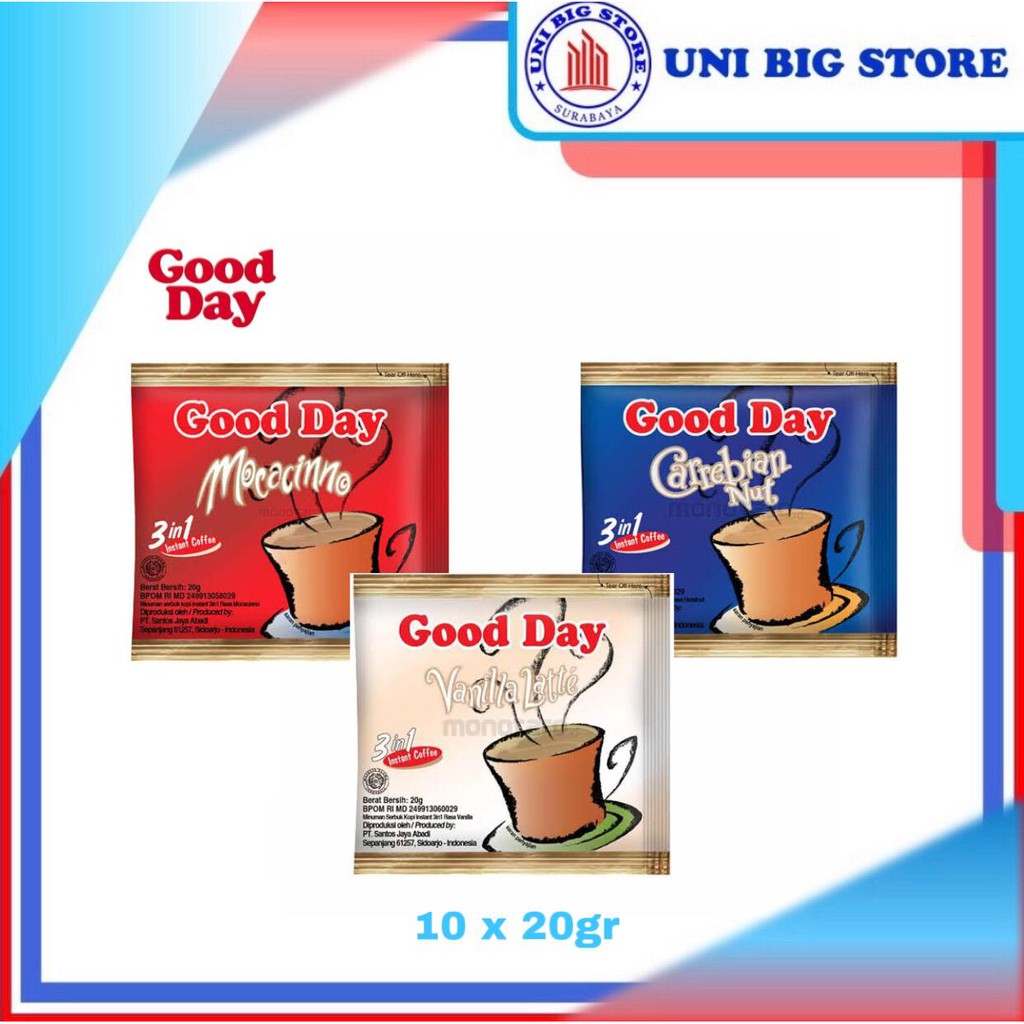 

GOOD DAY Kopi 3 in 1 Mocacinno - Carrebian Nut - Vanilla Latte - 10 Sachets x 20 gr