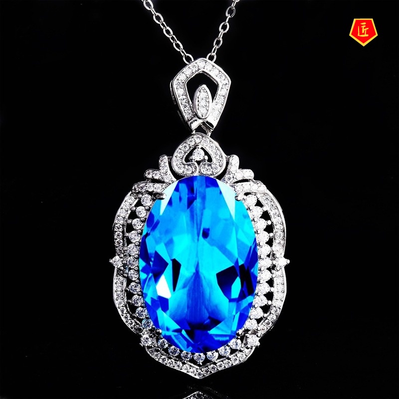 [Ready Stock]Inlaid Gem Pendant Blue Zircon Necklace Female Fashion Elegant