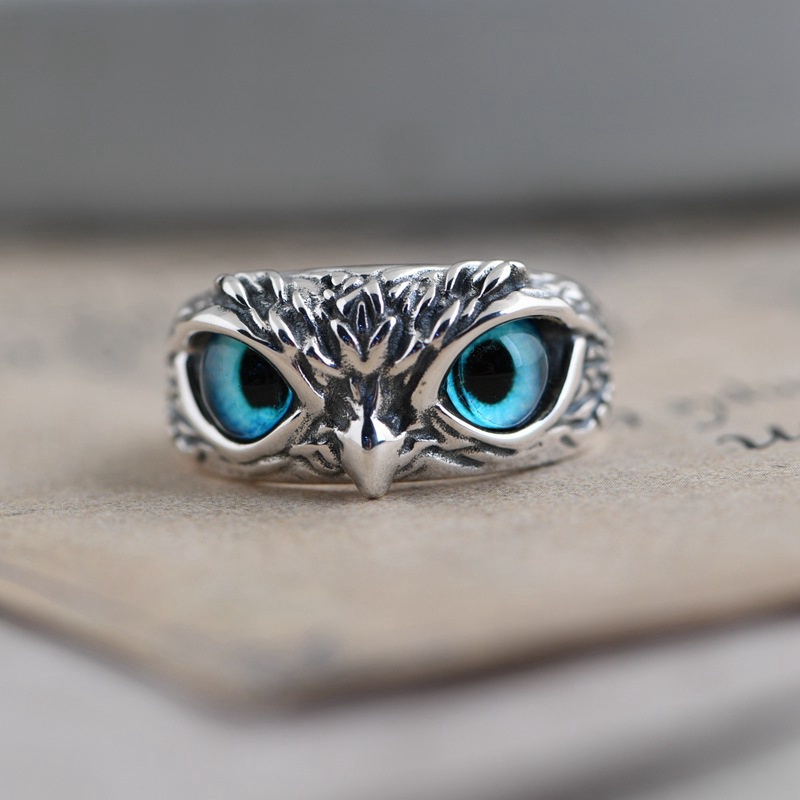 Fancyqube Creative Blue Cat's Eye Owl Ring Foreign Trade Unique Cute Animal Ring