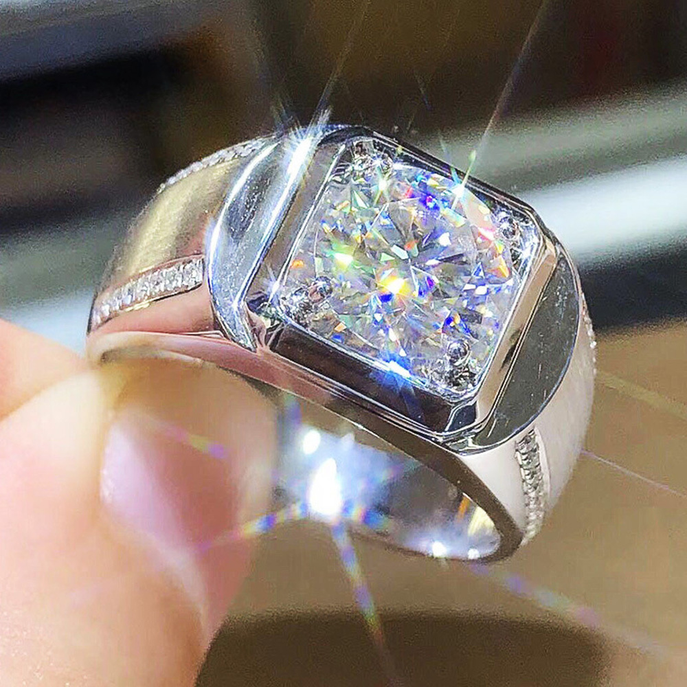 Cincin Pernikahan Platinum Berlian Kristal Mewah Titanium Perak Pria Wanita Fashion Perhiasan Rings