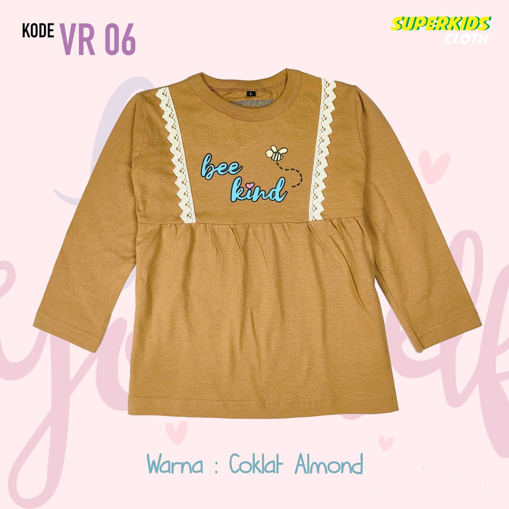 BAJU ANAK PEREMPUAN / KAOS ANAK PEREMPUAN / PAKAIAN ANAK CEWEK KAOS ANAK CEWEK LENGAN PANJANG VARIASI RAMPEL RUFFLE RENDA COKLAT ALMOND KIND ECER GROSIR BRAND SUPERKSIDCLOTH 1 - 11 TAHUN