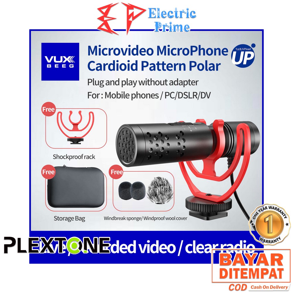 PLEXTONE VUX Beeg UP20 DSLR Camera Wired Microphone Cardiod Pointing Shotgun Mic Video Vlog ASMR Online School Live Streaming 76dB Kabel Jack 3.5mm to USB Type C Lightning Android IOS PC Mikrofon