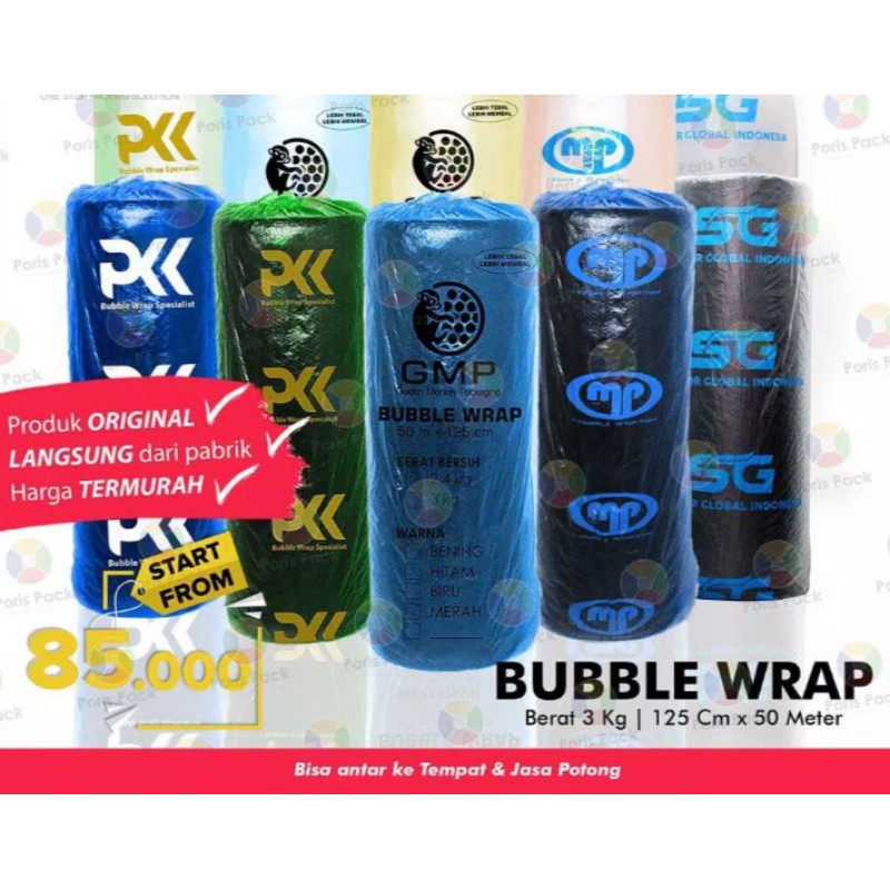 

Bubble Warp 125 x 50meter Aneka Merk OriginaL Baik Bermutu PKK Mulia Pack SG GMP Hitam dan Putih