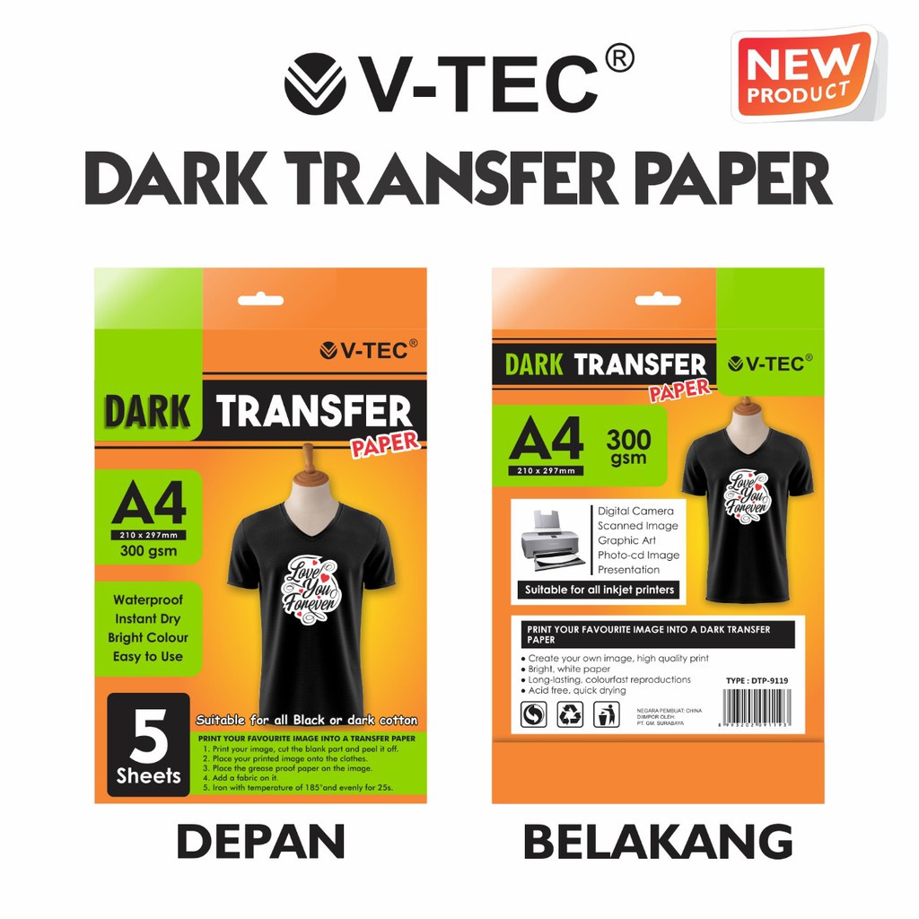 

T-SHIRT TRANSFER PAPER DARK V-TECH 5LEMBAR/PACK