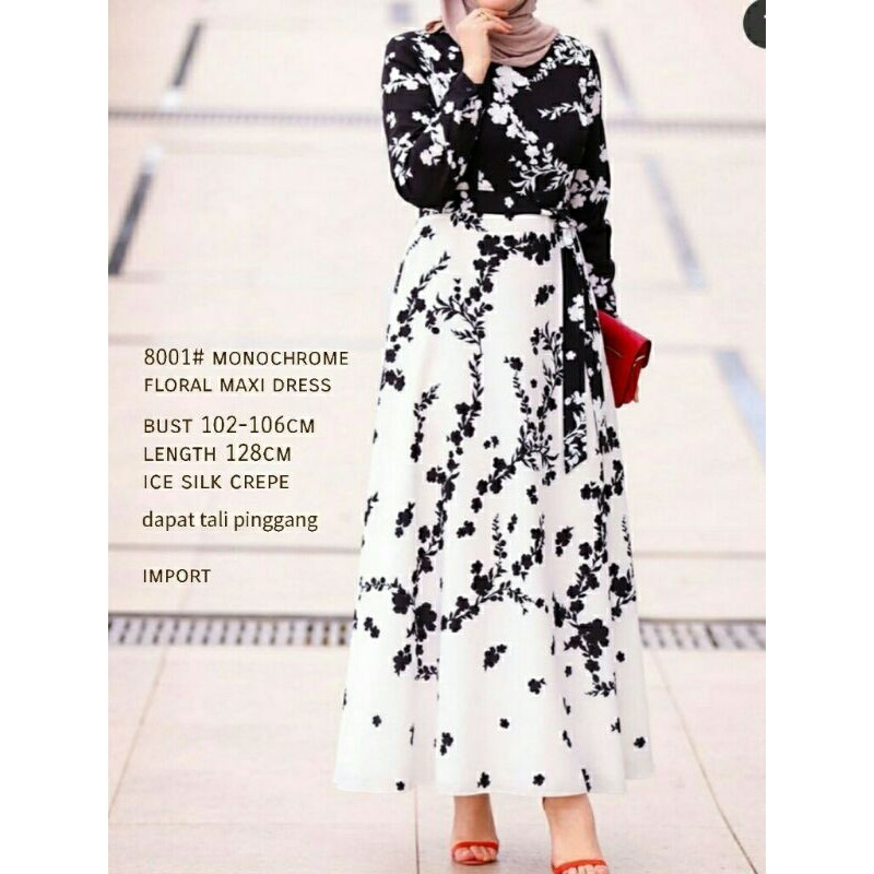 Maxi Maxy Dress Longdress Ice Silk Crepe 8001 Monochrome Floral Import