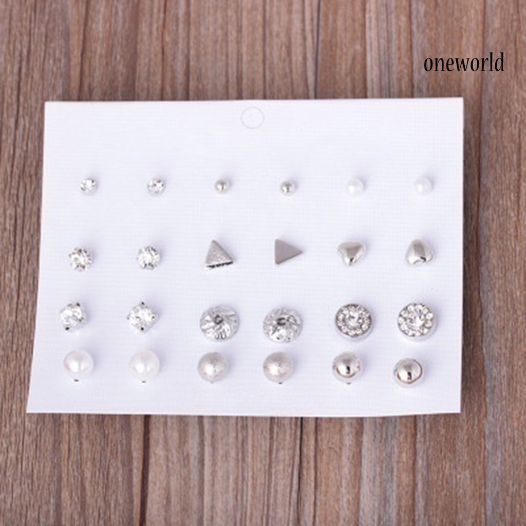 OW@ 12 Pairs Ear Studs Various Shape Rhinestone Women Earrings for Party