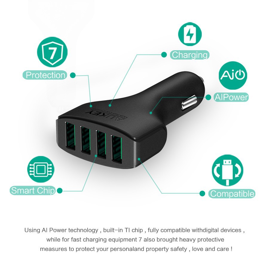Aukey 4 port usb Car Charger Mobil Android I Phone Fast Charging 9.6A