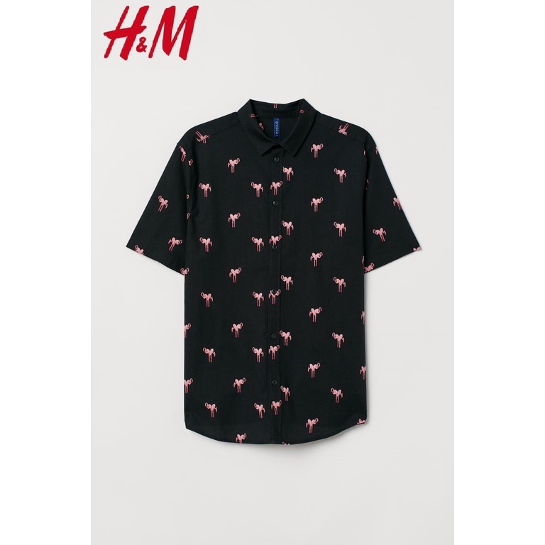 H&amp;M Kemeja Black Flamingo 100% Katun Patterned Cotton Shirt Original Hitam Divided HnM