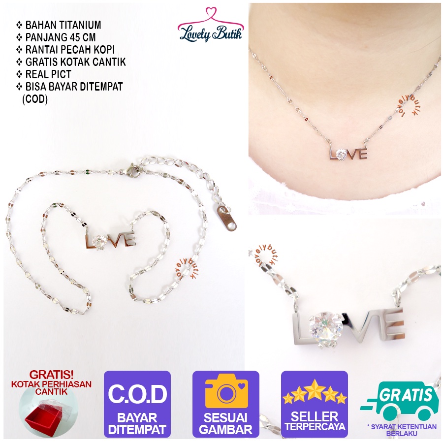 Lovelybutik - Kalung Titanium Wanita Anti Karat Anti Luntur Plus Liontin Tulisan Love 4Irin Kalung Titanium Asli Bonus Tempat Perhiasan