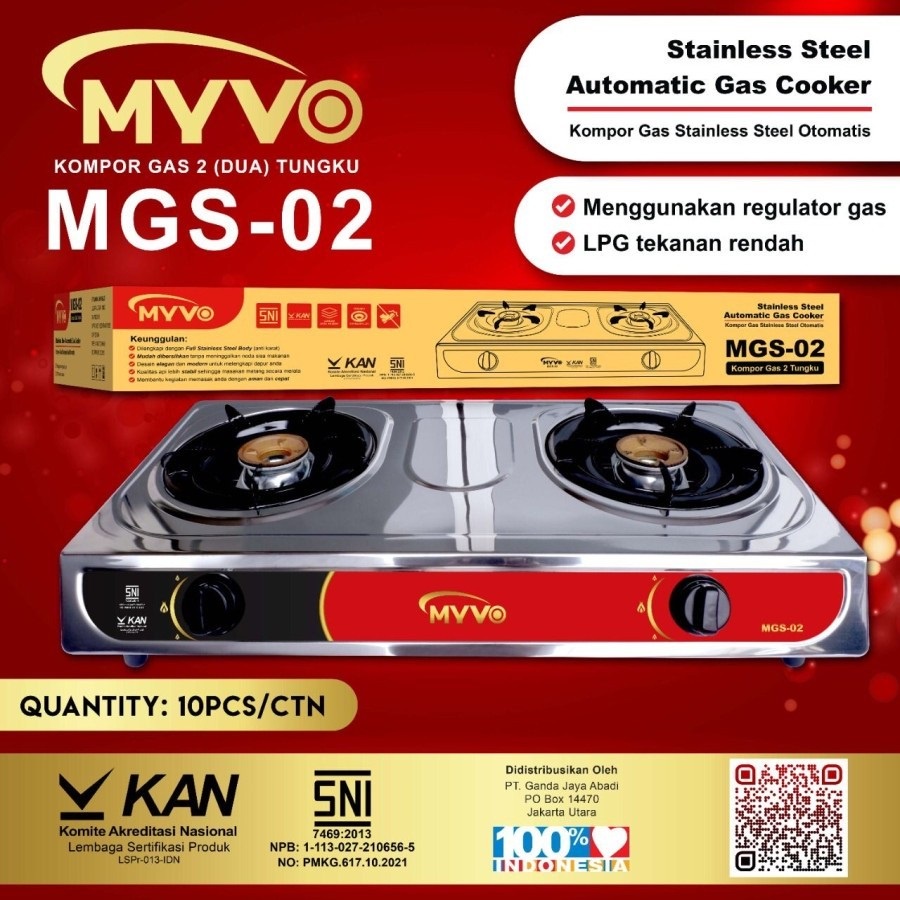 KOMPOR GAS MYVO MGS02  2 TUNGKU STAINLESS STEEL SNI