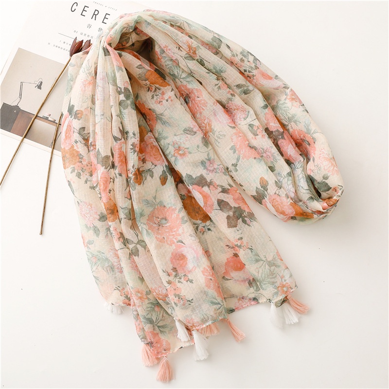 ITSFRIDAY 052214 Premium Scarf Selendang Pashmina Syal Shawl Pasmina Hijab Import Motif Flower Bougenville Pink CreamTassel-2