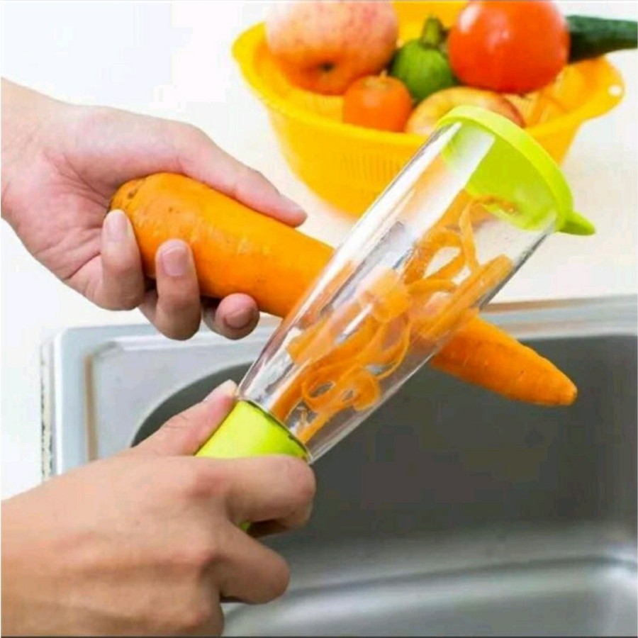 pisau pengupas kulit buah sayur gelas peeler tabung sampah 2 in 1