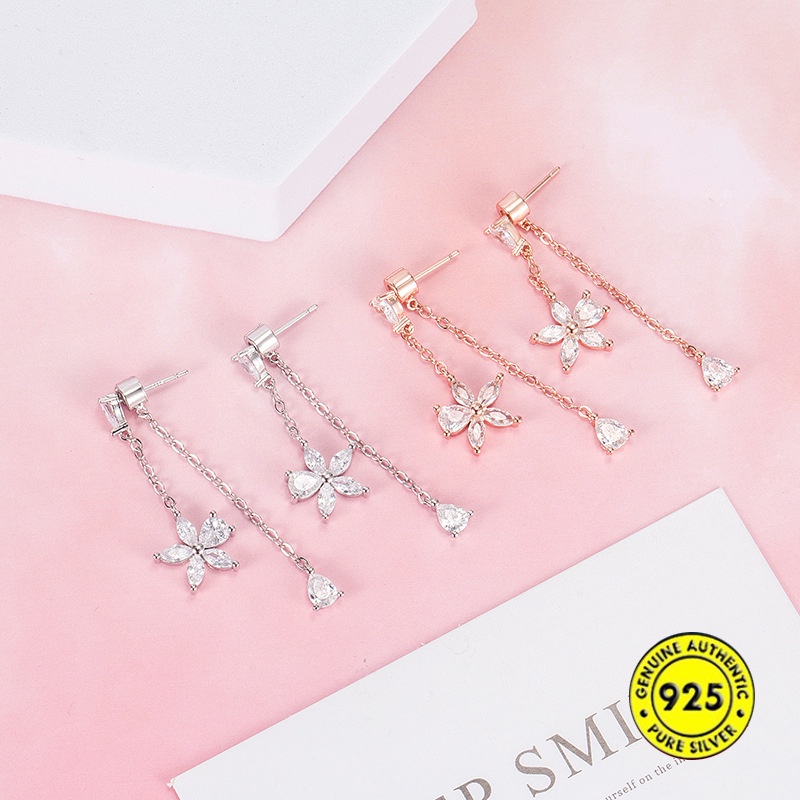 Anting Tusuk Sterling Silver 925 Desain Bunga Mawar Hias Berlian Imitasi Untuk Wanita